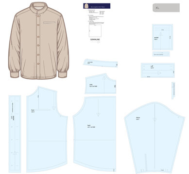Detailed vector pattern for XL men's shirt featuring a mandarin collar, placket with buttons, cuffs, yoke, and pocket. Includes seam allowances.