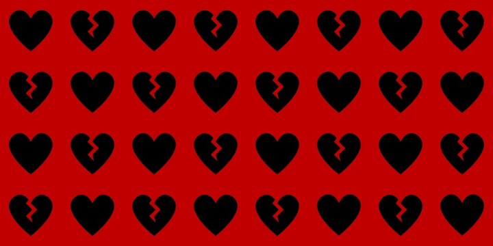 Black hearts and broken hearts on red background pattern Valentine background vector
