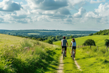 Fototapeta na wymiar man and a woman cycling through picturesque countryside, enjoying the scenery
