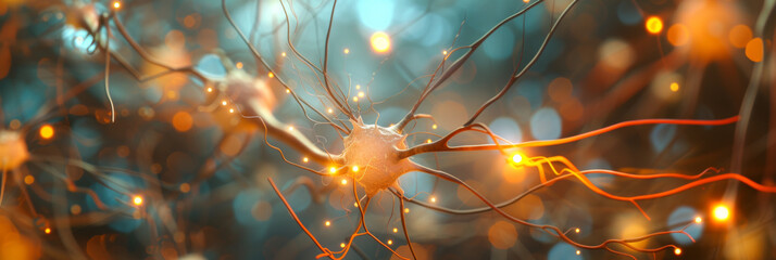 neuronal nerve cell with shining lights, generative AI - obrazy, fototapety, plakaty