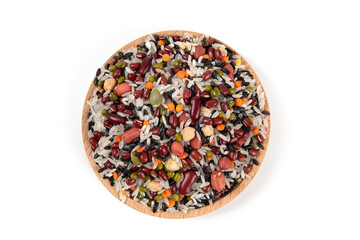 Mix of variety of cereals legumes scattered isolated on white background.