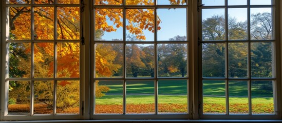 Room window overlooking a park during autumn with tree leaves in fall.