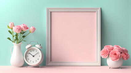 3D blank photo frame mockup isolated flower pastel background with space text for women's day and mother's day poster illustration - obrazy, fototapety, plakaty