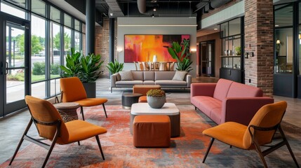 Fototapeta premium Relax and recharge in our lounge space featuring a mix of comfortable seating options including lounge chairs poufs and a communal sofa perfect for casual meetings or catching