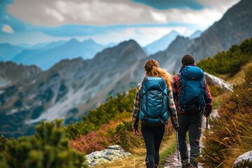 man and a woman hiking up a mountain trail, with backpacks on their shoulders - obrazy, fototapety, plakaty