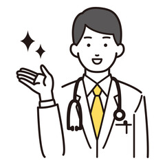 左を案内する白衣をきた男性イラスト