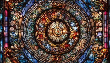 Stained Glass. Colorful. Art. Design. Window. Decorative. Pattern. Vibrant. Church. Light. Beautiful. Glasswork. Creative. Ornate. Religious. Illumination. Backlit. Aesthetic. AI Generated.