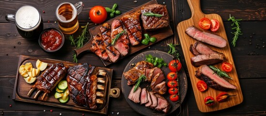 Assorted grilled meats with vegetables, beer, and wooden cutting boards displaying striploin steak, ribeye steak, and lamb ribs.