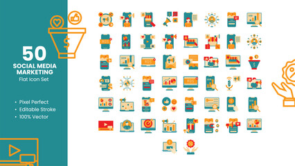 Fototapeta na wymiar Set of 50 Flat Icons Related to Social Media Marketing. Pixel Perfect Icon. Flat Icon Collection. Fully Editable. Vector illustration.
