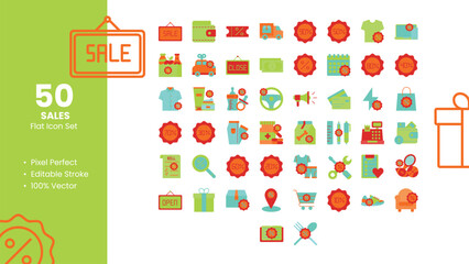 Set of 50 Flat Icons Related to Sales. Pixel Perfect Icon. Flat Icon Collection. Fully Editable. Vector illustration.