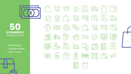 Fototapeta na wymiar Set of 50 Outline Icons Related to Ecommerce. Pixel Perfect Icon. Outline Icon Collection. Fully Editable. Vector Illustration.