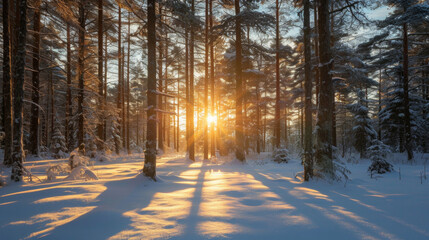 Sunlight Filtering Through Snow-Covered Trees