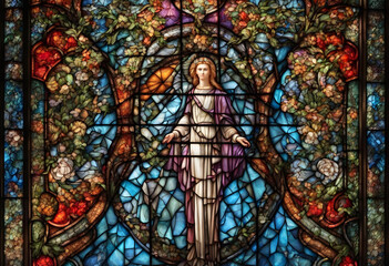 Stained Glass. Colorful. Art. Design. Window. Decorative. Pattern. Vibrant. Church. Light. Beautiful. Glasswork. Creative. Ornate. Religious. Illumination. Backlit. Aesthetic. AI Generated.