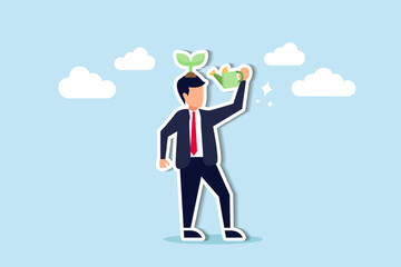 Fostering growth, a businessman with a growth mindset uses a watering can to nurture a seedling, symbolizing self-improvement and a positive attitude for learning.