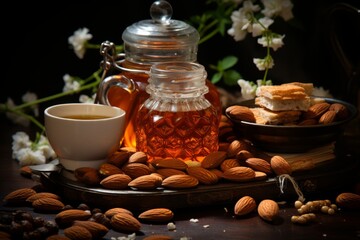 A wooden bowl with assorted nuts and honey on the table on a black background. Walnuts, pistachios, almonds, hazelnuts and cashews
