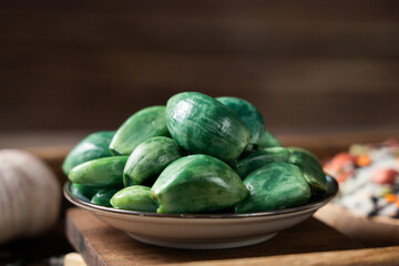 traditional Chinese food Laba garlic pickled garlic on table.