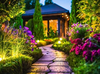 Obraz premium Modern gardening landscaping design details. Illuminated pathway in front of residential house.