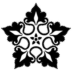 Stylized star shape or flower. Beautiful floral medieval European motif. Five point geometrical mandala. Black and white silhouette.