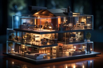 A mock-up of a large house with interiors behind glass. A modern smart home - obrazy, fototapety, plakaty