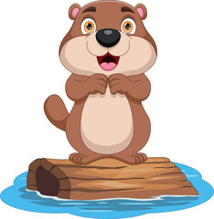 cute beaver standing on wooden log cartoon © lawangdesign