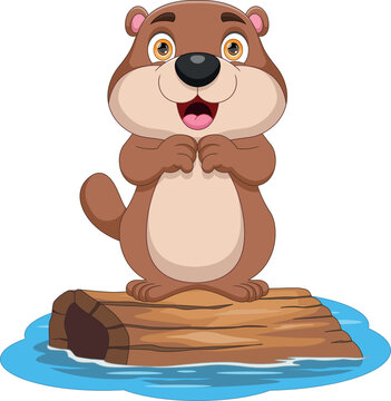 cute beaver standing on wooden log cartoon