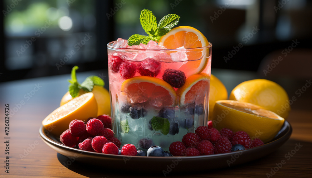 Wall mural freshness of summer raspberry cocktail, healthy eating, mint leaf, citrus fruit generated by ai - Wall murals