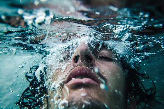 man gasping for air, with his face just above the water