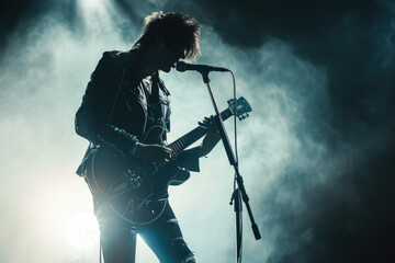 man in a leather jacket and a guitar standing on a stage with a microphone, in the style of rock, musical, rebellious