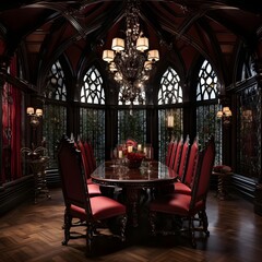 Fototapeta na wymiar A dining room infused with Gothic revival aesthetics. Picture ornate furniture, dark wood finishes, and stained glass windows