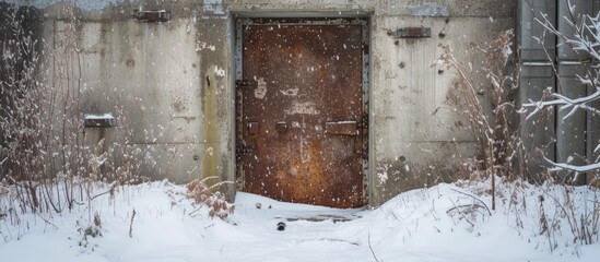 Snowy winter day, door and concrete wall of abandoned fallout shelter building entrance.