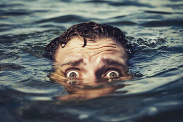 man struggling to keep his head above the water, with his eyes wide with fear