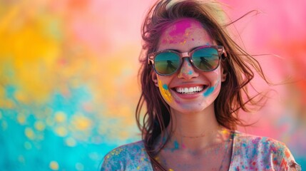 Woman with Joyful Smile Celebrating Holi in Sunglasses