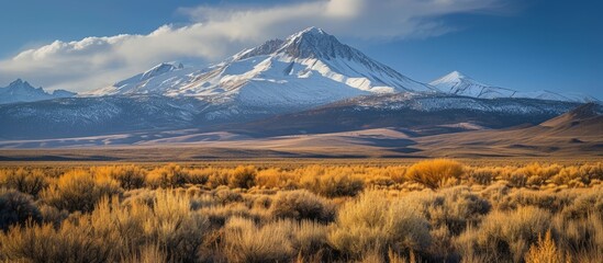 View of untamed brush and snow-covered mountain in the distance.