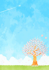 桜の木と青空の背景イラスト
