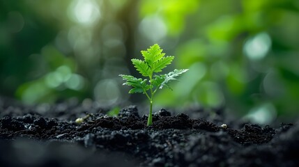 a close-up macro photo of a young green tree plant sprout or fern growing up from the black soil in the forest. Growth new life concept - obrazy, fototapety, plakaty