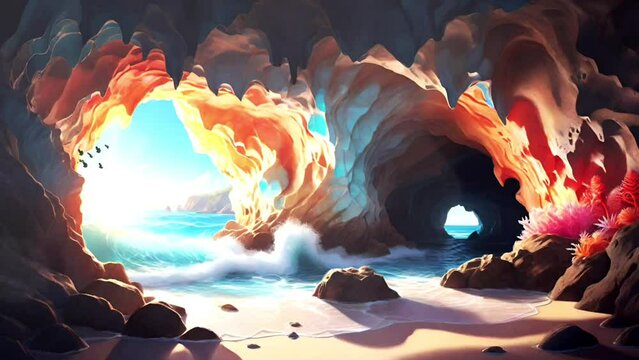View of the cave on the beach with sunlight 3d rendering illustration