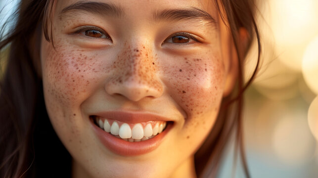 そばかす、完璧な肌と笑顔の日本人女性GenerativeAI