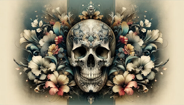 An image of a detailed skull surrounded by ethereal floral designs, set against a subdued background - Generative AI