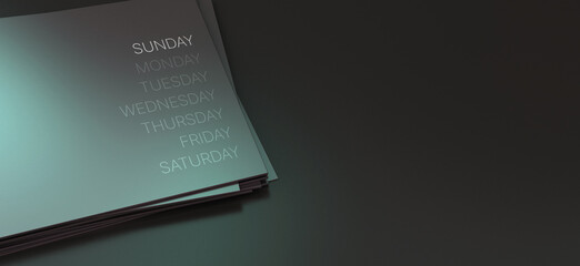 Sunday.
A weekly Schedule. Business plans, events, calendar background images. Dark color monthly plan concept 3d rendering.