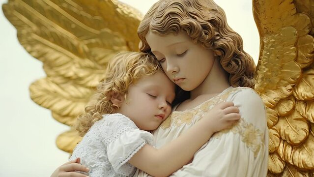 A majestic angel with golden wings embraces a frightened child whispering words of comfort and protection.