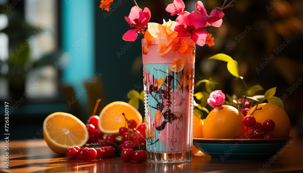 Wall mural fresh fruit cocktail on wooden table, a summer celebration generated by ai - Wall murals