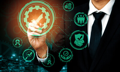 Quality Assurance and Quality Control Concept - Modern graphic interface showing certified standard...