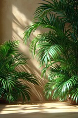 Fresh green plants on a bright sunny wall