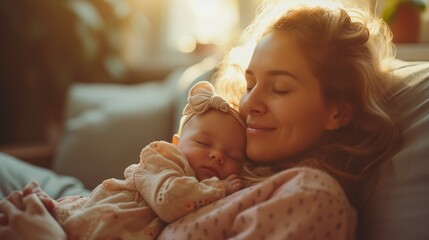 Serene Motherhood Moments - Mother with her young baby - obrazy, fototapety, plakaty