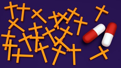 3D rendering of golden crosses scattered around drug capsules. 