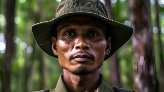 A wildlife ranger, his face cloaked with the concern for endangered species losing their natural habitat due to deforestation. His demand for sustainable resource management echoes the voice
