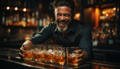 Smiling man enjoys whiskey at bar, surrounded by nightlife generated by AI