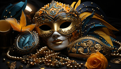 Gold colored mask adds elegance and mystery to celebration costume generated by AI