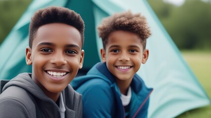 Children traveling with a camping tent. An active family vacation in nature. Children's adventure trip, portrait of boy tourists at the tent