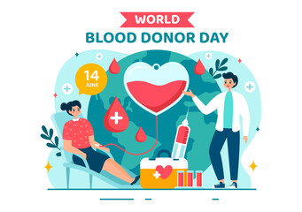 World Blood Donor Day Vector Illustration on June 14 with Human Donated Bloods for Give the Recipient in Save Life in Flat Cartoon Background